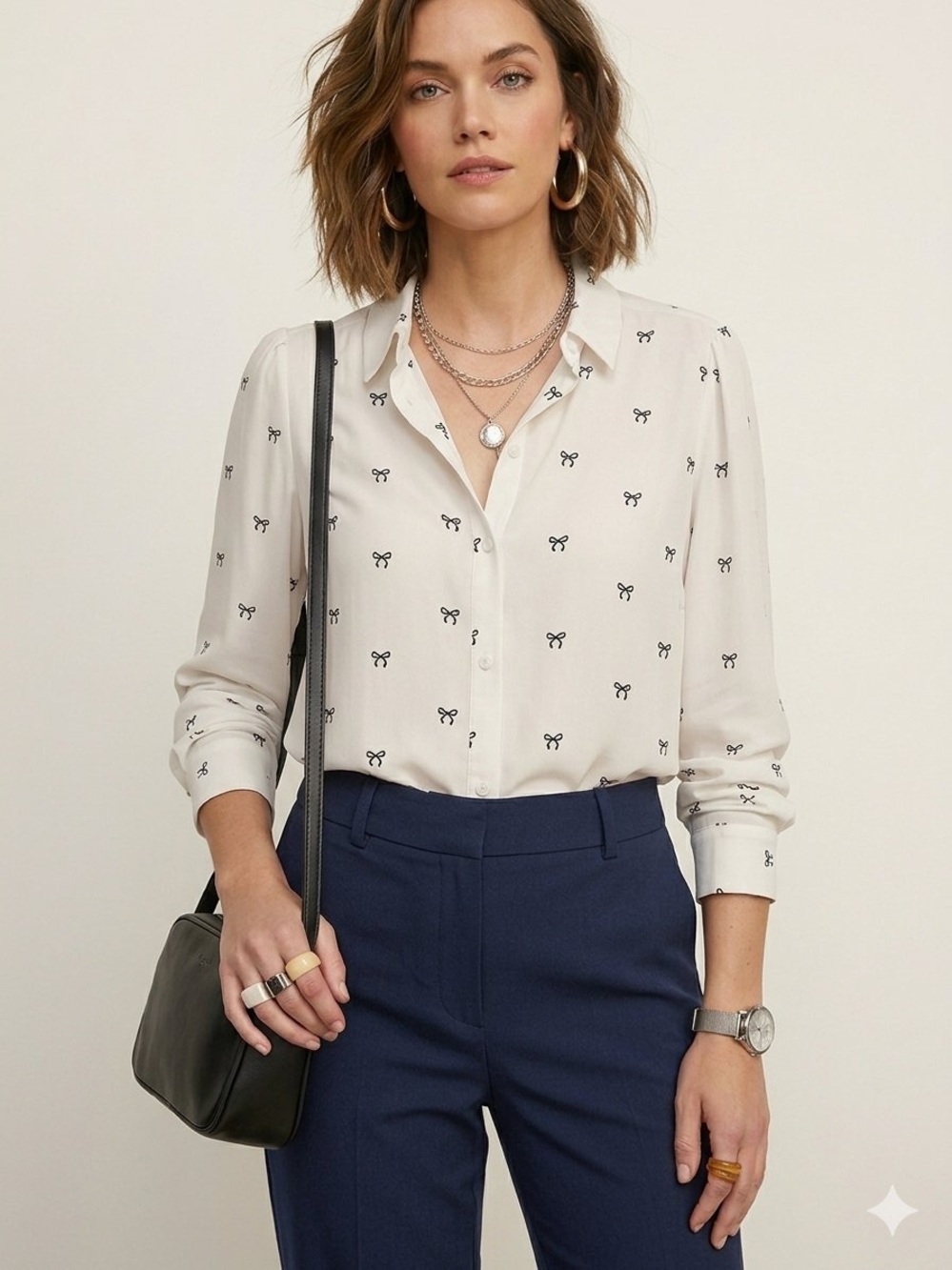 LC Lauren Conrad Bow Print Button Down Blouse White S